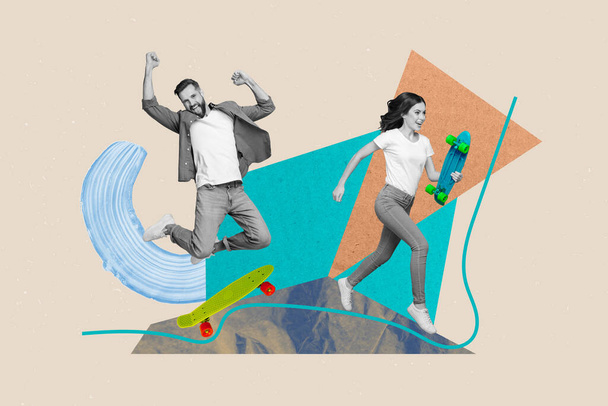 Summertime fun collage concept magazine exclusive cadre of two friends riding skateboard carefree weekend isolated on painting background. - Φωτογραφία, εικόνα