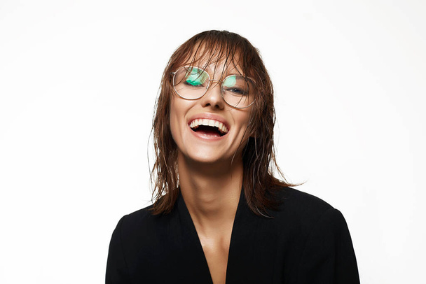 Happy smiling young lady with Wet Hair and Glasses. Beautiful laughing Woman. White teeth smile sexy girl  - Foto, Imagem