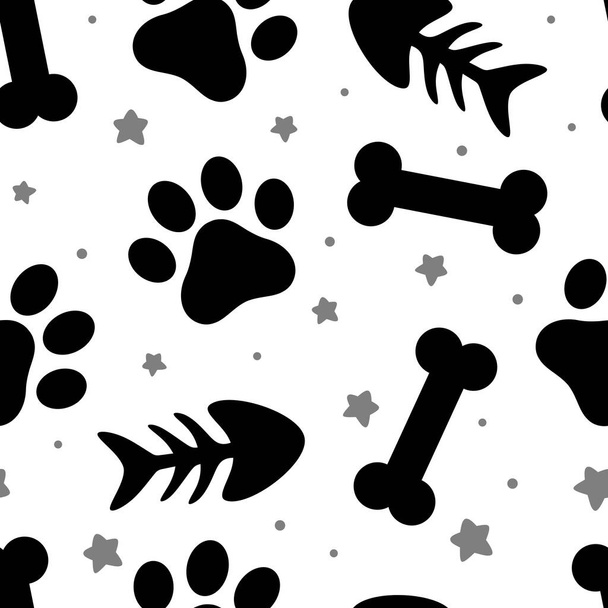 pet paw, fish bone and dog bone seamless pattern background, animal vector illustration - Vetor, Imagem