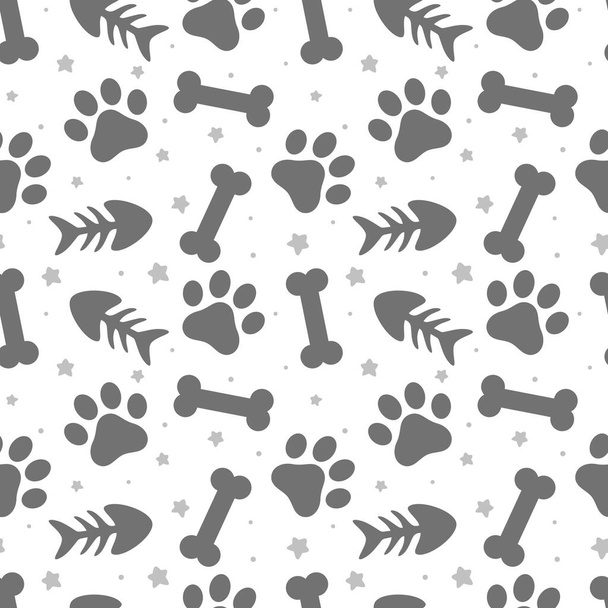 pet paw, fish bone and dog bone seamless pattern background, animal vector illustration - Vettoriali, immagini