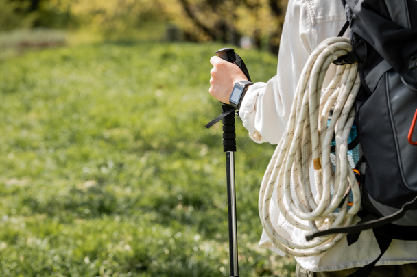 Vista recortada de una joven excursionista vestida con ropa casual con mochila sosteniendo bastón de trekking mientras camina sobre hierba borrosa, viajero independiente embarcado en un viaje en solitario - Foto, Imagen