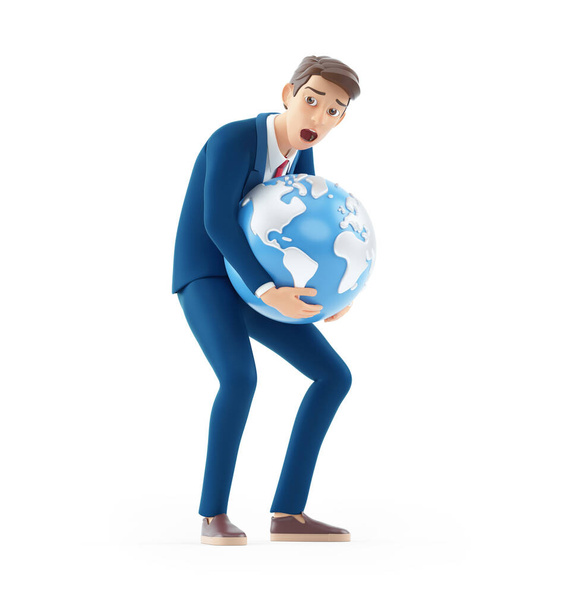 Homme d'affaires dessin animé 3d soulevant la terre lourde, illustration isolée sur fond blanc - Photo, image