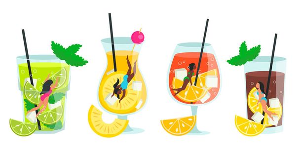 Set of different popular cocktails with floating girls inside the glass. Vector graphic. - Vector, Image