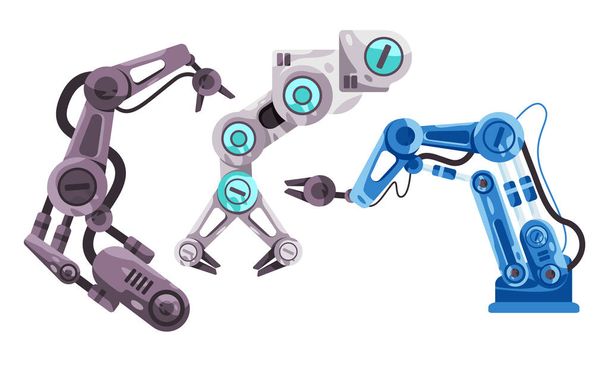 Robotti arm set kokoelma monissa väri harmaa futuristinen valkoinen ja sininen teollisuuden robotti käsi automaatio vektori - Vektori, kuva