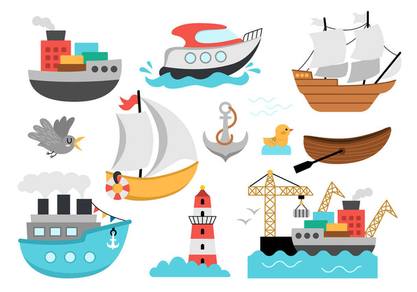 Vector water transport set. Funny nautical transportation collection with ship, boat, steamship, yacht, seaport clip art for kids. Cute marine vehicles icons with anchor, lighthouse, seagul - Vector, imagen