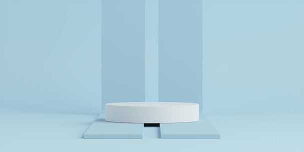 Product Podium - White Podium, Blue Background. 3D Illustration - Photo, image