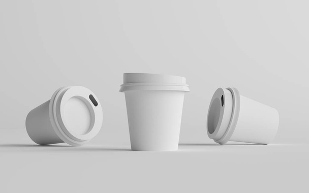 4 oz. Single Wall Paper Espresso  Coffee Cup Mockup with White Lid - Three Cups. 3D Illustration - Foto, imagen