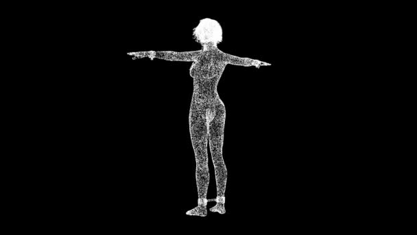 3D Sexy Dame im BDSM Outfit dreht sich auf schwarzem Bg. Objekt löste flackernde Teilchen auf. BDSM-Zubehör, Brustwarzenverschluss, Metallkette. BDSM-Konzept. Für Titel, Text, Präsentation. 3D animation 60 FPS - Filmmaterial, Video