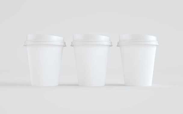 8 oz. Paper Coffee Cup Mockup With Lid - Three Cups. 3D Illustration - 写真・画像