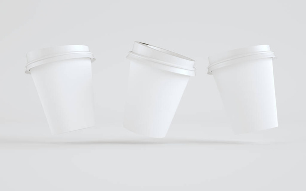 8 oz. Paper Coffee Cup Mockup With Lid - Three Floating Cups. 3D Illustration - 写真・画像
