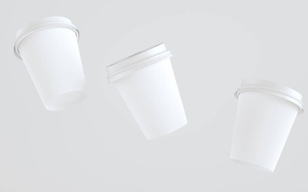 8 oz. Paper Coffee Cup Mockup With Lid - Three Floating Cups. 3D Illustration - Фото, изображение