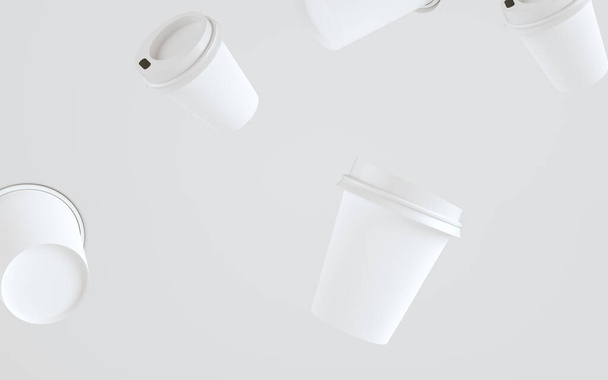8 oz. Paper Coffee Cup Mockup With Lid - Multiple Floating Cups. 3D Illustration - Foto, Bild