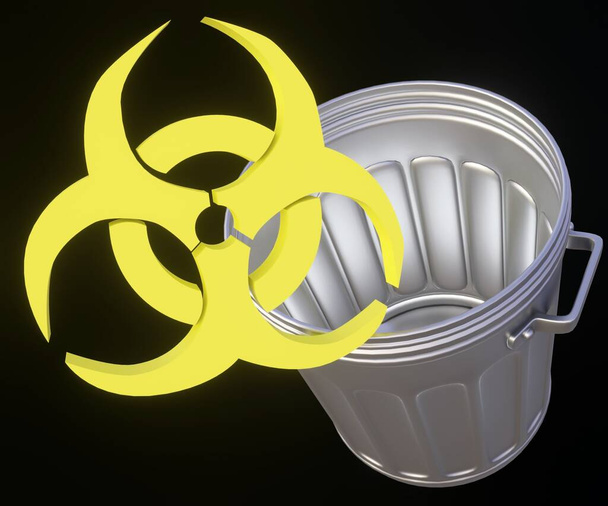 Símbolo amarelo do risco biológico e renderização 3d da lixeira - Foto, Imagem