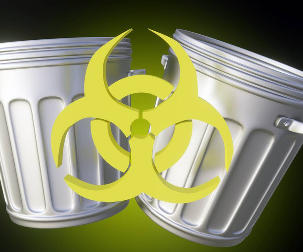 Желтый символ биологической опасности и 3D рендеринг мусорного ведра - Фото, изображение