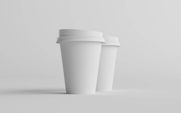 12 oz. / 355ml Single Wall Paper Regular / Medium Coffee Cup Mockup with White Lid - Two Cups. 3D Illustration - Foto, imagen