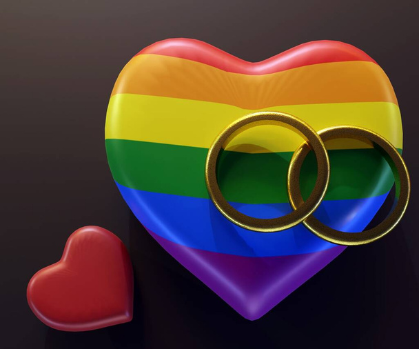 két arany gyűrű piros szív és szivárvány szív alakja a háttérben 3d renderelés - Fotó, kép