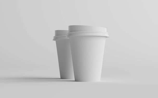 12 oz. / 355ml Single Wall Paper Regular / Medium Coffee Cup Mockup with White Lid - Two Cups. 3D Illustration - Фото, изображение