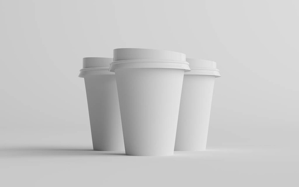 12 oz. / 355ml Single Wall Paper Regular / Medium Coffee Cup Mockup with White Lid - Three Cups. 3D Illustration - Фото, зображення