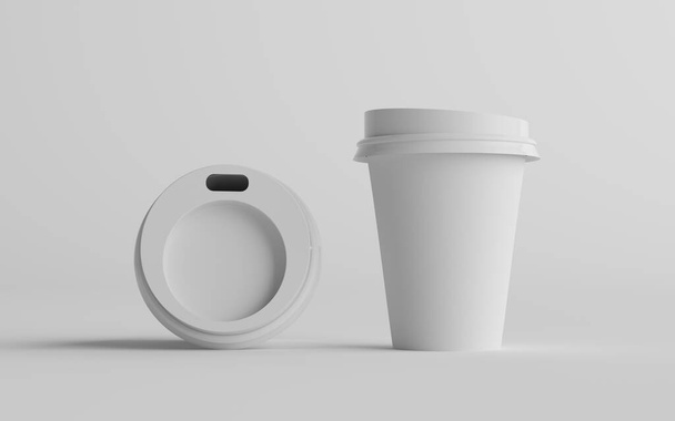 12 oz. / 355ml Single Wall Paper Regular / Medium Coffee Cup Mockup with White Lid - Two Cups. 3D Illustration - Foto, Imagem