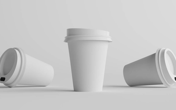 12 oz. / 355ml Single Wall Paper Regular / Medium Coffee Cup Mockup with White Lid - Three Cups. 3D Illustration - Fotografie, Obrázek