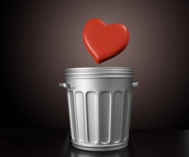 Metallinen roskakori tai roskakori punaisella sydämen muodolla 3d renderöinti - Valokuva, kuva