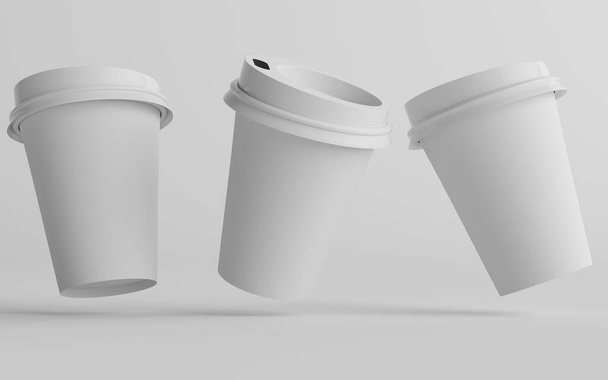12 oz. / 355ml Single Wall Paper Regular / Medium Coffee Cup Mockup with White Lid - Three Cups. 3D Illustration - Foto, afbeelding