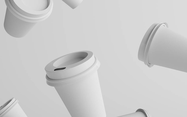 12 oz. / 355ml Single Wall Paper Regular / Medium Coffee Cup Mockup with White Lid - Multiple Floating Cups. 3D Illustration - Фото, изображение