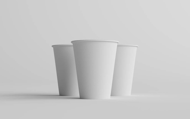 12 oz. / 355ml Single Wall Paper Regular / Medium Coffee Cup Mockup  - Three Cups. 3D Illustration - Фото, изображение