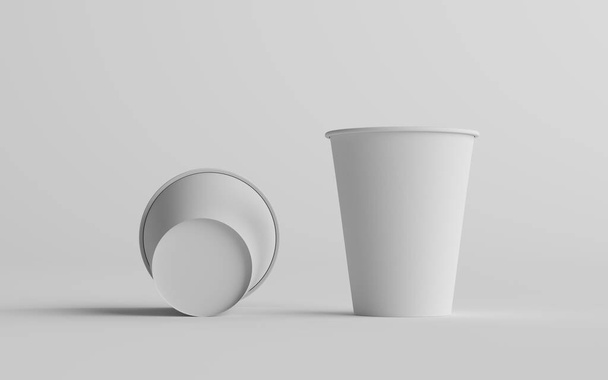 12 oz. / 355ml Single Wall Paper Regular / Medium Coffee Cup Mockup with White Lid - Two Cups. 3D Illustration - Foto, imagen