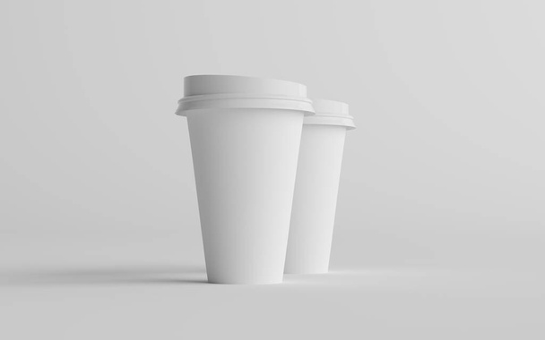 16 oz. Single Wall Paper Large Coffee Cup Mockup with White Lid - Two Cups. 3D Illustration - Photo, image