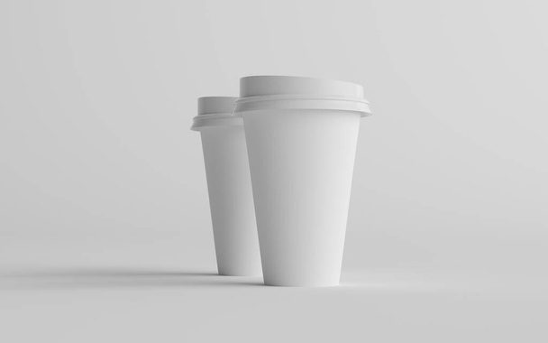 16 oz. Single Wall Paper Large Coffee Cup Mockup with White Lid - Two Cups. 3D Illustration - Фото, изображение