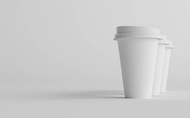 16 oz. Single Wall Paper Large Coffee Cup Mockup with White Lid - Three Cups. 3D Illustration - Zdjęcie, obraz