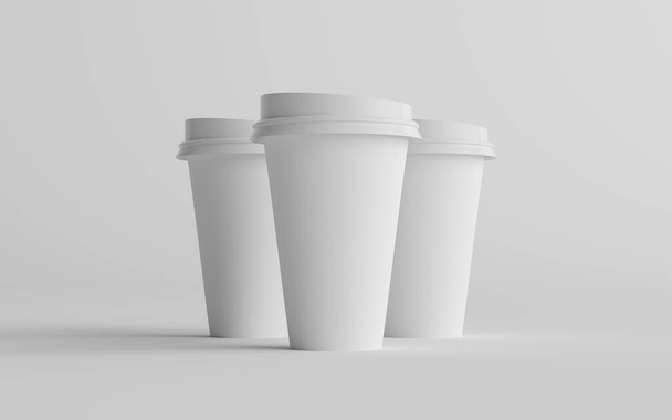 16 oz. Single Wall Paper Large Coffee Cup Mockup with White Lid - Three Cups. 3D Illustration - Φωτογραφία, εικόνα