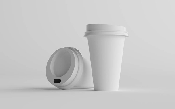 16 oz. Single Wall Paper Large Coffee Cup Mockup with White Lid - Two Cups. 3D Illustration - Photo, Image