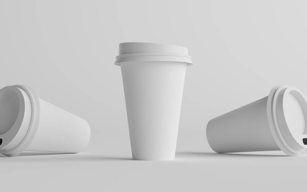 16 oz. Single Wall Paper Large Coffee Cup Mockup with White Lid - Three Cups. 3D Illustration - Foto, immagini