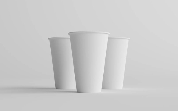 16 oz. Single Wall Paper Large Coffee Cup Mockup - Three Cups. 3D Illustration - 写真・画像