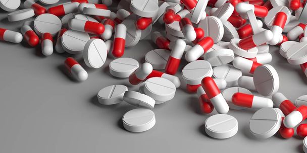 Pharmaceutical medicament. Heap of capsule pills with medicine antibiotic. 3d rendering - Zdjęcie, obraz