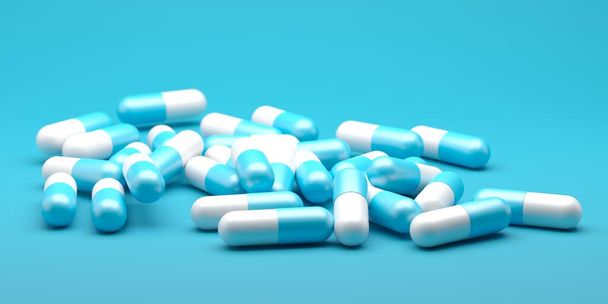 Pharmaceutical medicament. Heap of capsule pills with medicine antibiotic. 3d rendering - Fotó, kép