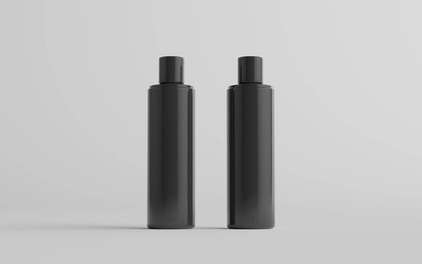 250ml Black Plastic Shampoo / Shower Gel / Skin Tonic, Cosmetic Bottle Mockup - Two Bottles. 3D Illustration - Photo, Image