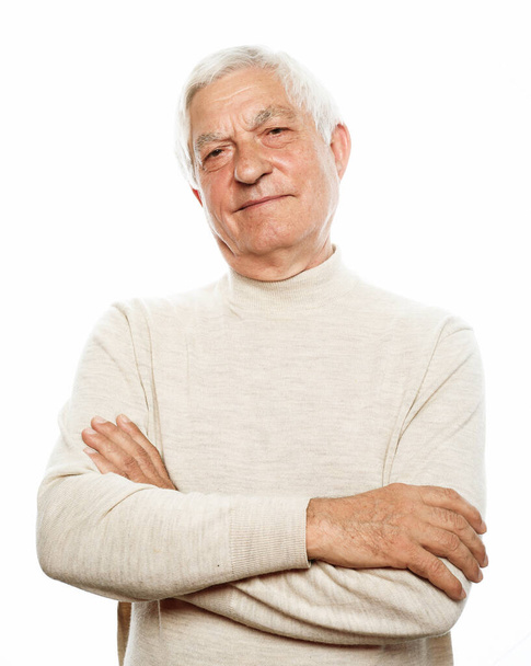 Portrait of healthy happy smile senior elderly caucasian old man face with arm crossed isolated on white. - Foto, immagini