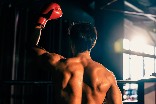 Задний вид на победившего боксера Муай Тая поражает триумфальной позой, купаясь в славе своей с трудом заработанной победы, гордо демонстрируя свое сильное и мускулистое тело. Импет - Фото, изображение
