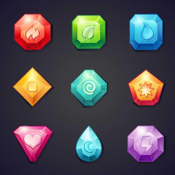 Σύνολο των κινουμένων σχεδίων χρωματιστές πέτρες με διαφορετικά πρόσημα στοιχείο για χρήση σε το παιχνίδι, τρεις σε μια σειρά - Διάνυσμα, εικόνα