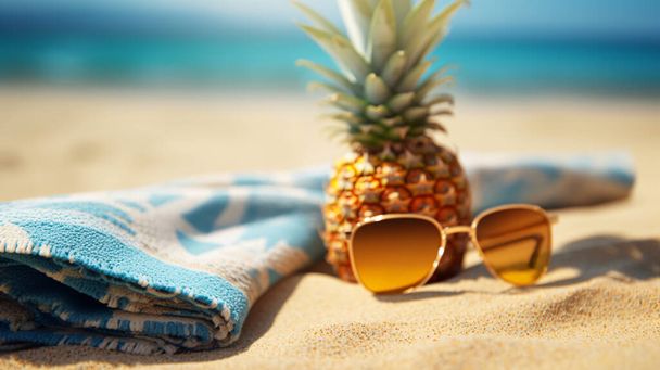 Halved pineapple and a sunglass kept on the sand, with copy space text, - Photo, Image
