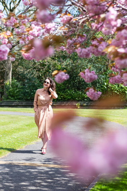 Donna sulla trentina nel parco con ciliegio in fiore o sakura, primavera nel Regno Unito. Godersi la vita e la giornata di sole con il caldo - Foto, immagini