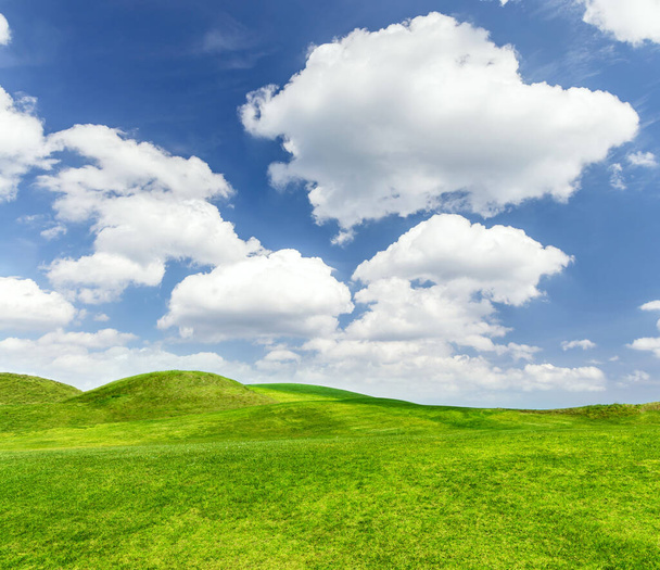 Een pittoresk zomerlandschap met een weelderig groen grasveld dat zich uitstrekt onder een blauwe hemel met schilderachtige wolken - Foto, afbeelding