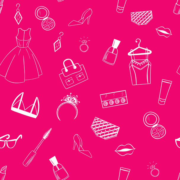 Fashion seamless pattern. Dress, ear rings, lipstick pink illust - Vector, Image