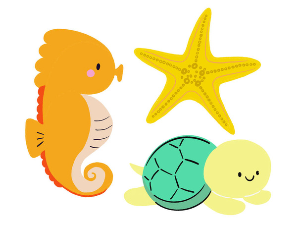 Sea Horse Rozgwiazda Żółw zwierząt ocean w morzu doodle charakter cute - Zdjęcie, obraz