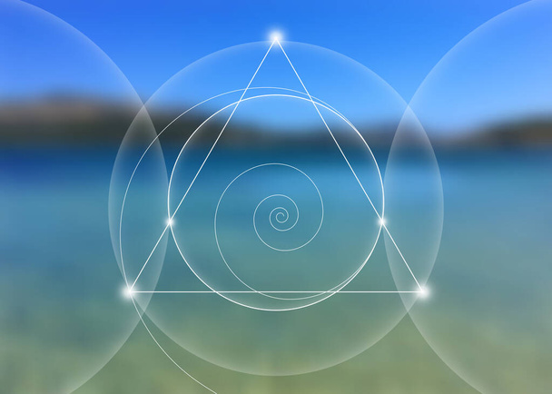 Interlocking circles, triangles and spirals hipster sacred geometry illustration with golden ratio, fibonacci spiral. Vector isolated on blue sea landscape background. - Vector, Image