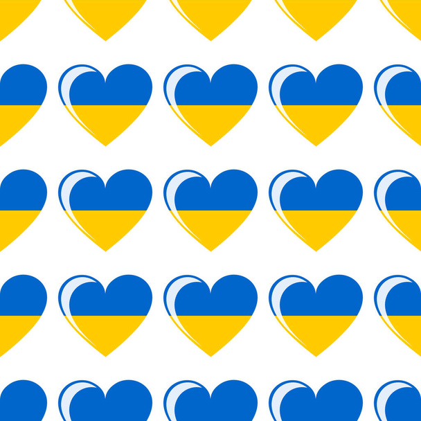 Patrón lindo sin costuras para productos textiles y de papel, carteles de presentación y carteles. Bandera de Ucrania en forma de corazón sobre fondo blanco. Vector - Vector, Imagen