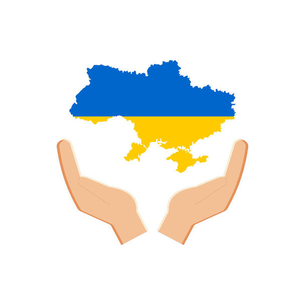 Eine Landkarte der Ukraine mit den gelben und blauen Farben der Nationalflagge in den Händen von Menschen, die ihr Heimatland vor dem Aggressor schützen und an den Sieg glauben. Vektor. - Vektor, Bild
